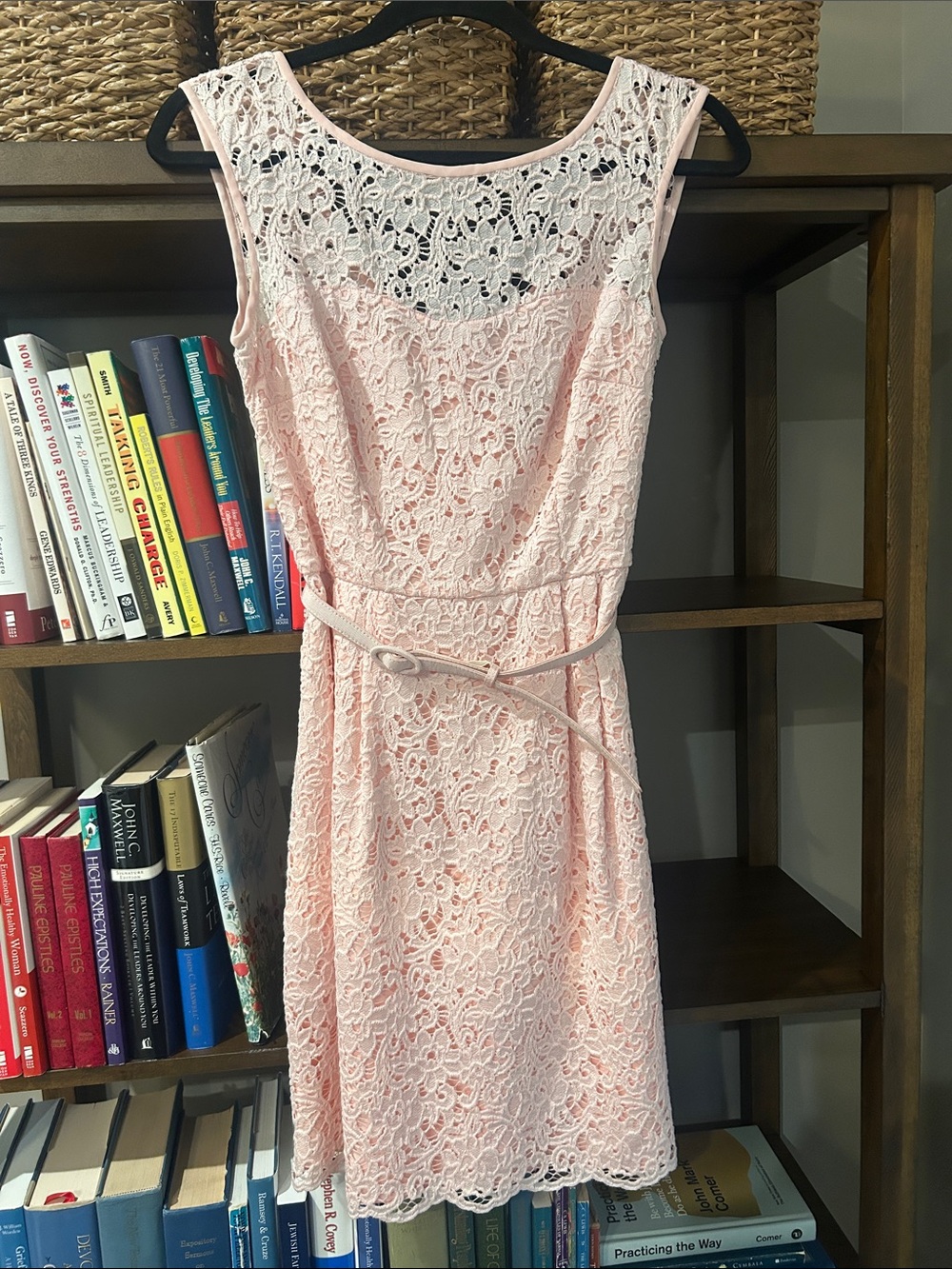 White House Black Market Pale Pink Lace Midi Dress with Belt